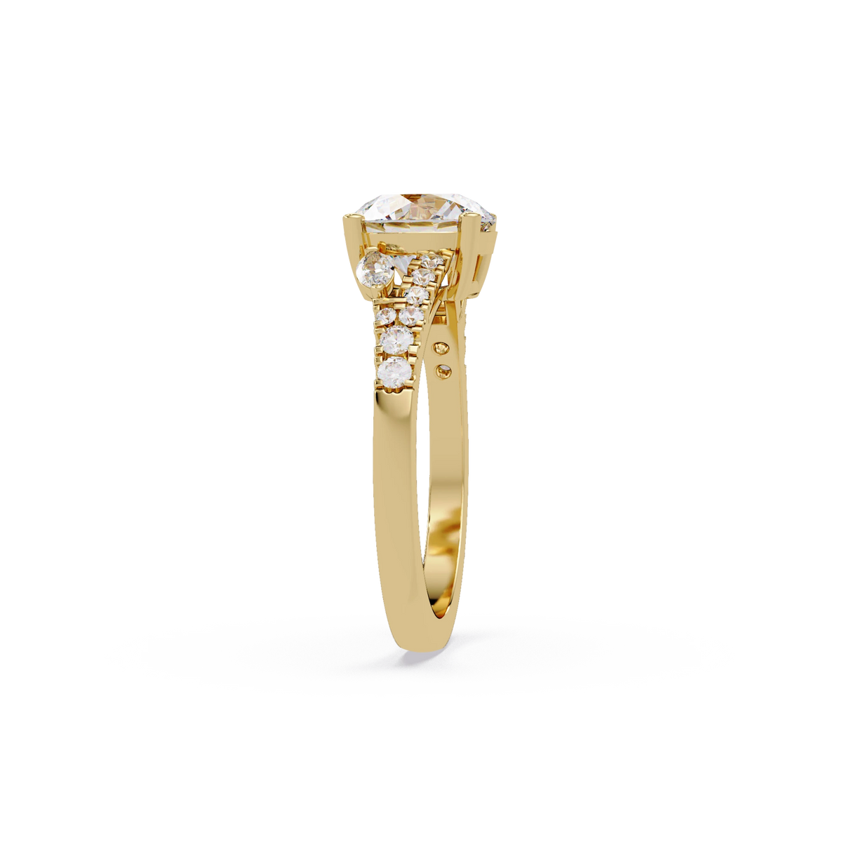 Round Lab Grown Diamond Engagement Ring Pavé Band with Pear Side Diamonds in Yellow Gold