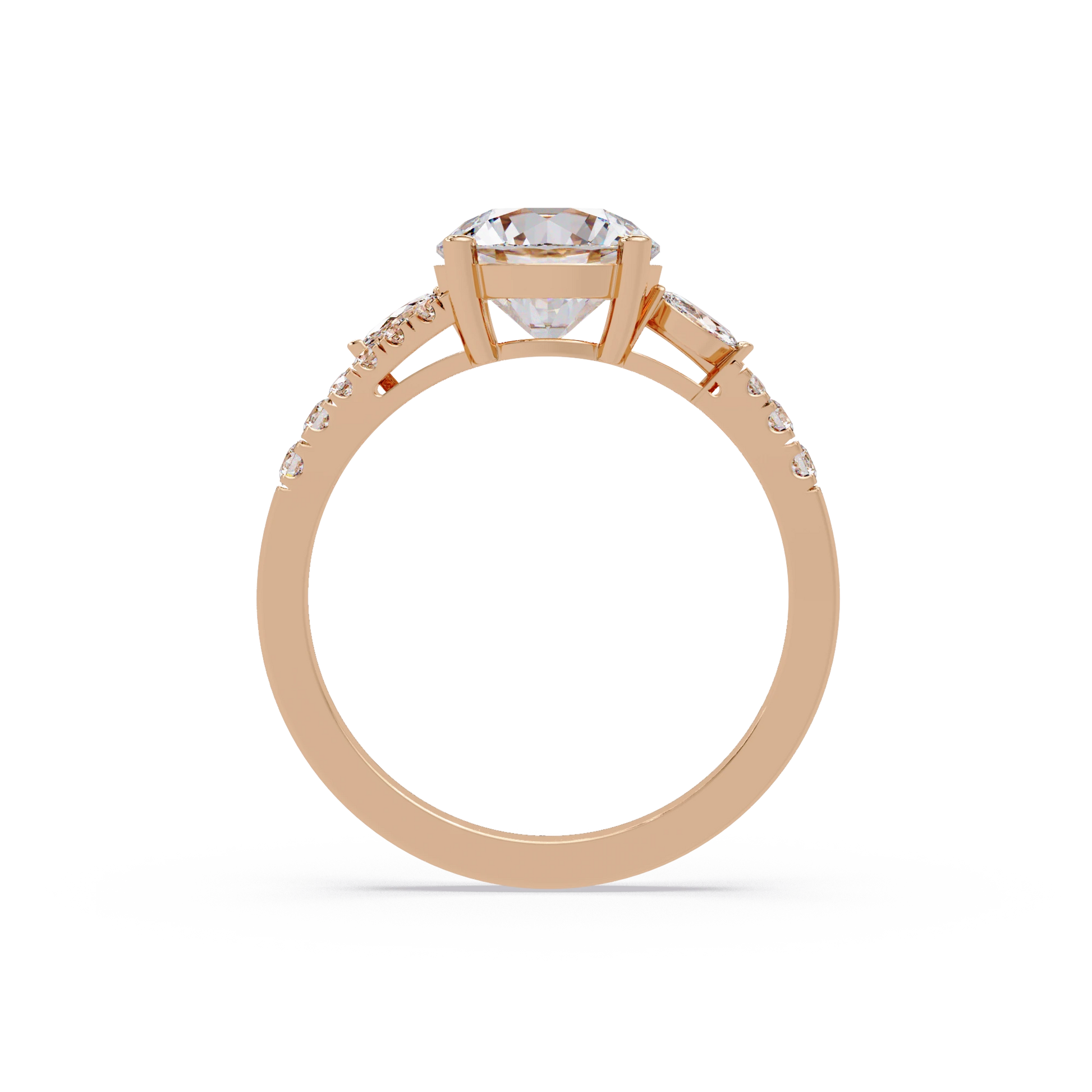 Round Lab Grown Diamond Engagement Ring Pavé Band with Pear Side Diamonds in Yellow Gold