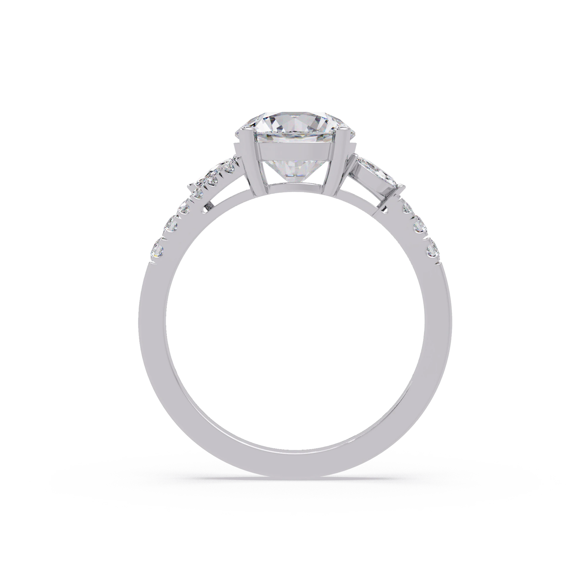 Round Lab Grown Diamond Engagement Ring Pavé Band with Pear Side Diamonds in Yellow Gold