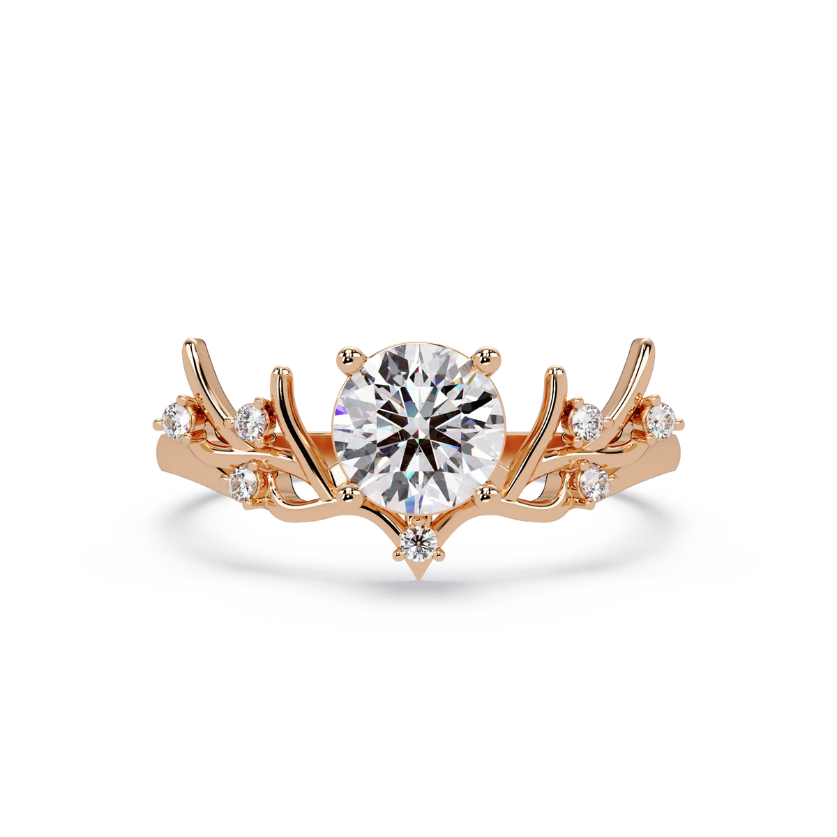 Round Lab Grown Diamond Engagement Ring Sculpted Vine Inspired White Gold Ring with Leaf Accent Details