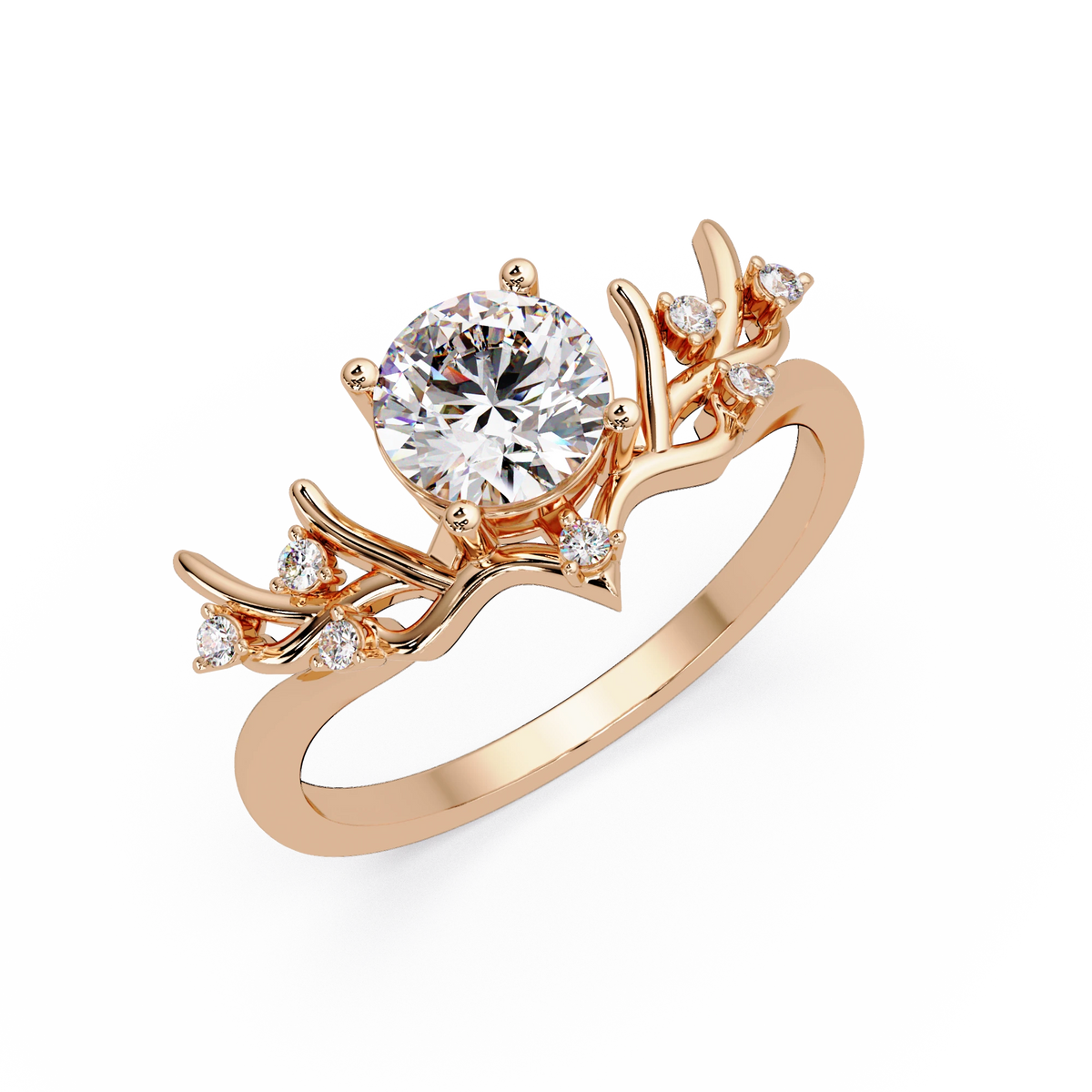Round Lab Grown Diamond Engagement Ring Sculpted Vine Inspired White Gold Ring with Leaf Accent Details