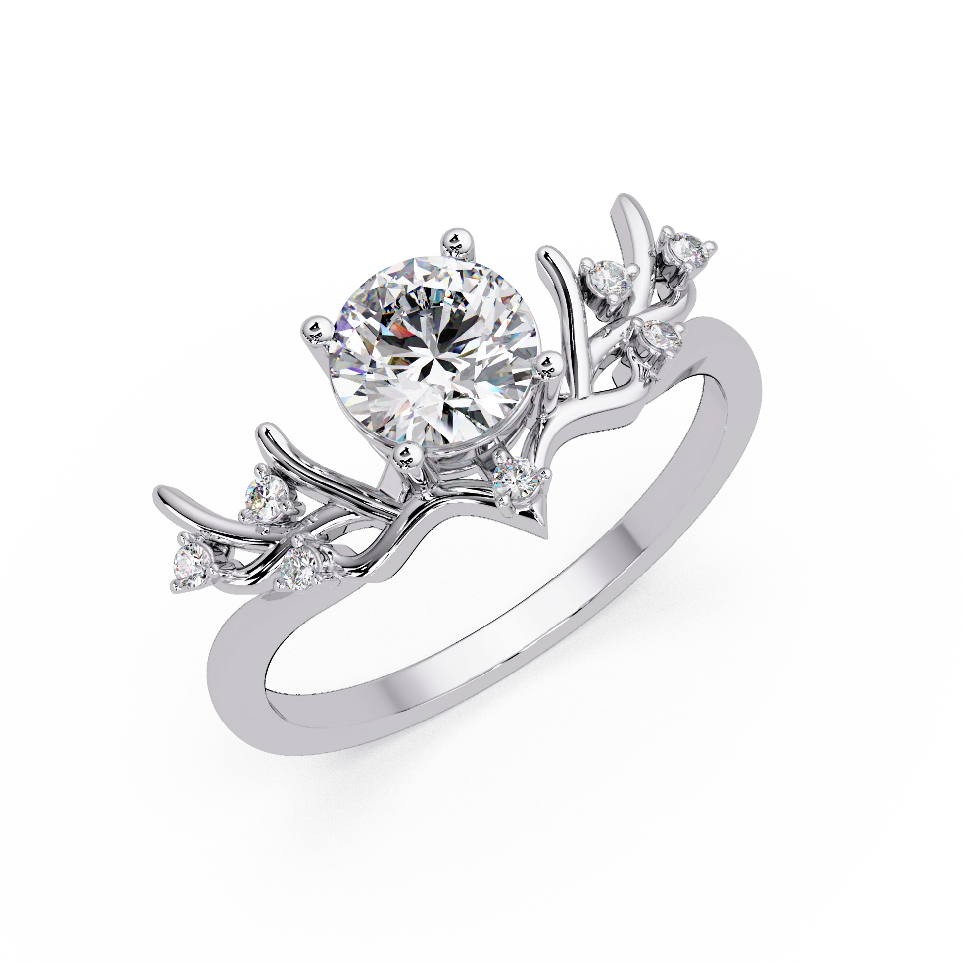 Round Lab Grown Diamond Engagement Ring Sculpted Vine Inspired White Gold Ring with Leaf Accent Details
