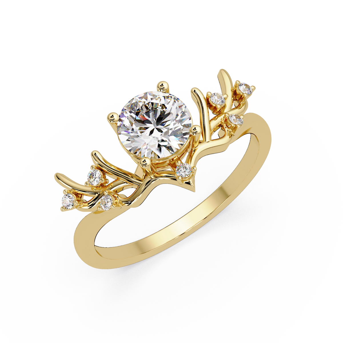 Round Lab Grown Diamond Engagement Ring Sculpted Vine Inspired White Gold Ring with Leaf Accent Details