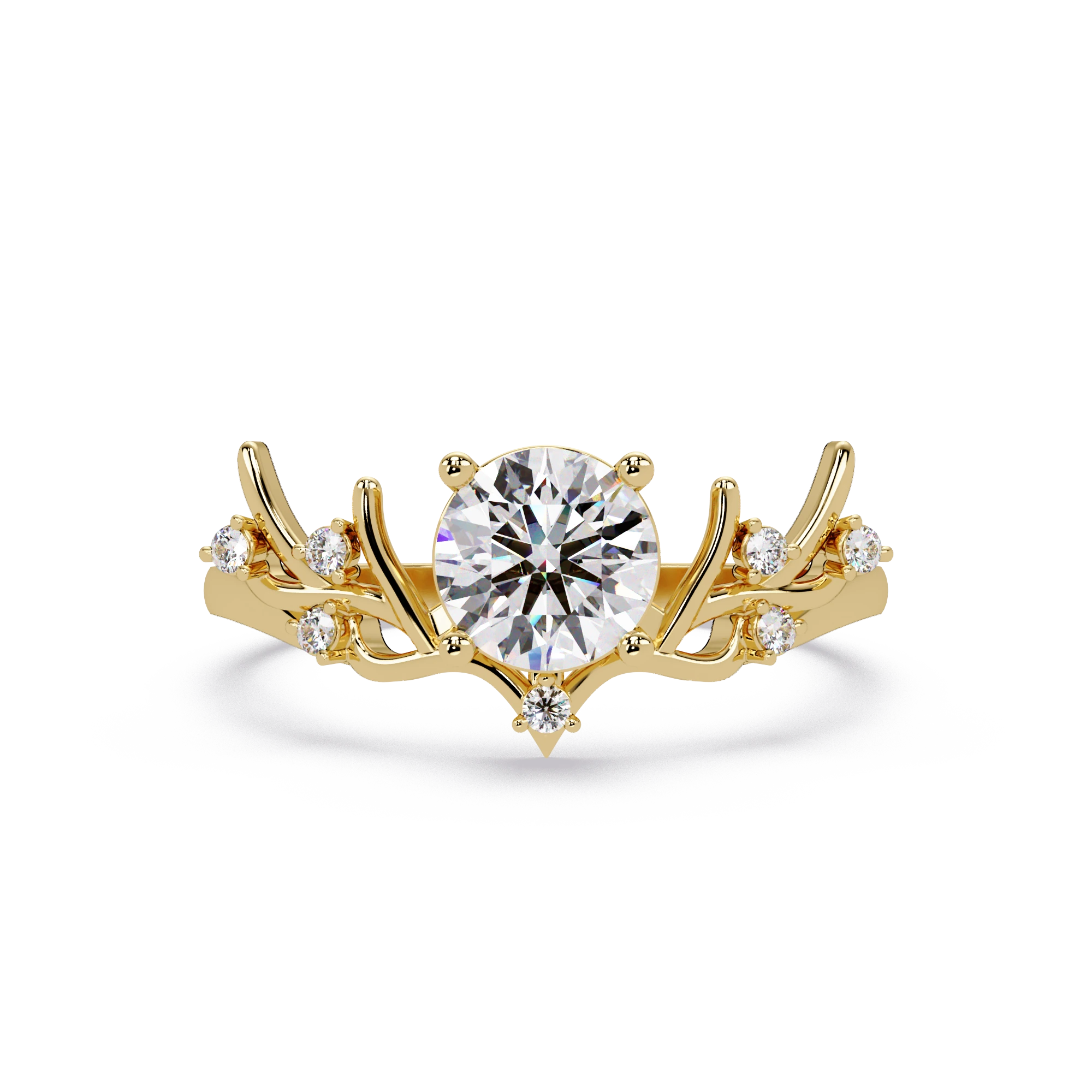 Round Lab Grown Diamond Engagement Ring Sculpted Vine Inspired White Gold Ring with Leaf Accent Details