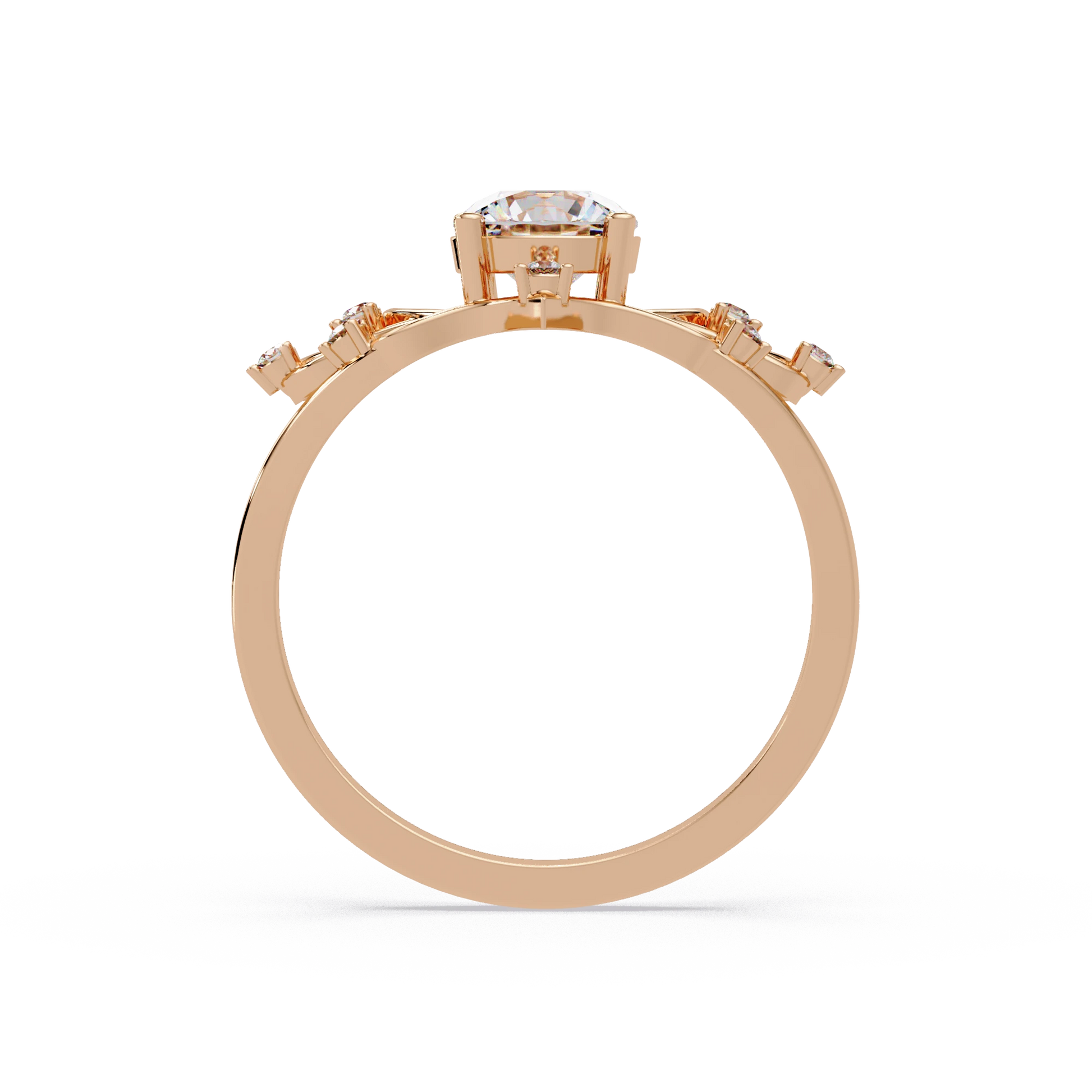 Round Lab Grown Diamond Engagement Ring Sculpted Vine Inspired White Gold Ring with Leaf Accent Details