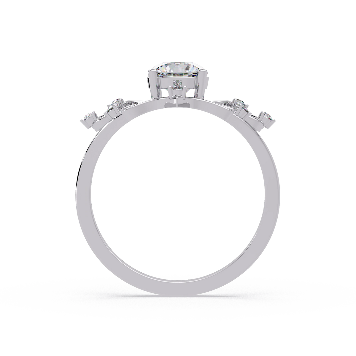 Round Lab Grown Diamond Engagement Ring Sculpted Vine Inspired White Gold Ring with Leaf Accent Details