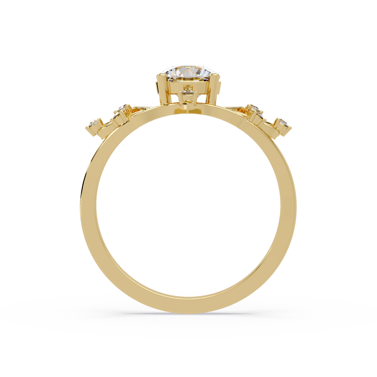 Round Lab Grown Diamond Engagement Ring Sculpted Vine Inspired White Gold Ring with Leaf Accent Details
