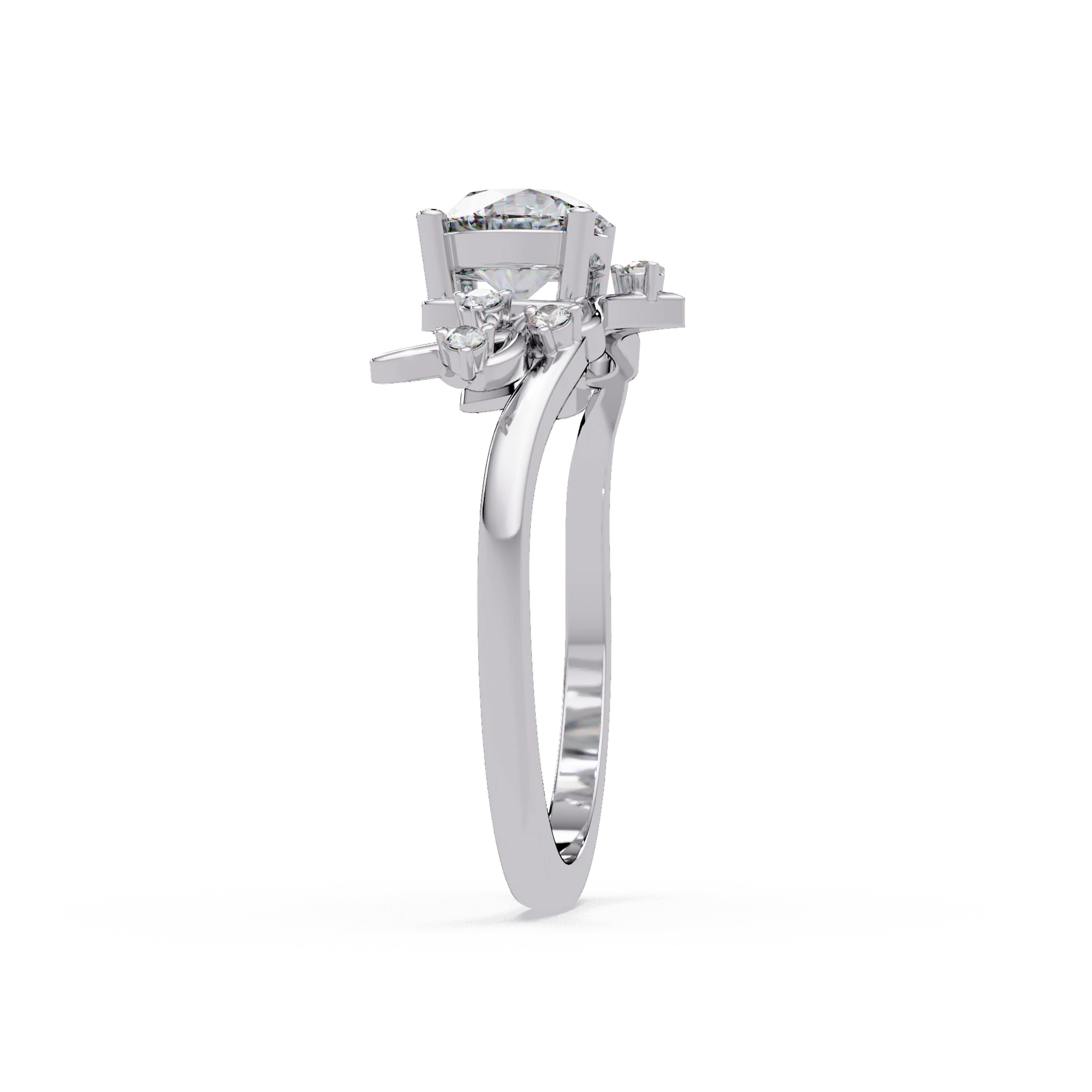 Round Lab Grown Diamond Engagement Ring Sculpted Vine Inspired White Gold Ring with Leaf Accent Details