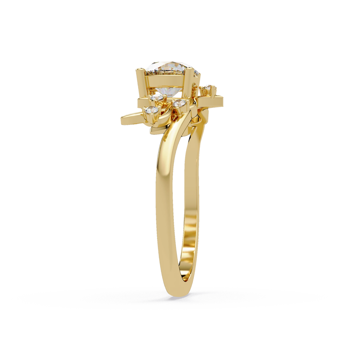 Round Lab Grown Diamond Engagement Ring Sculpted Vine Inspired White Gold Ring with Leaf Accent Details