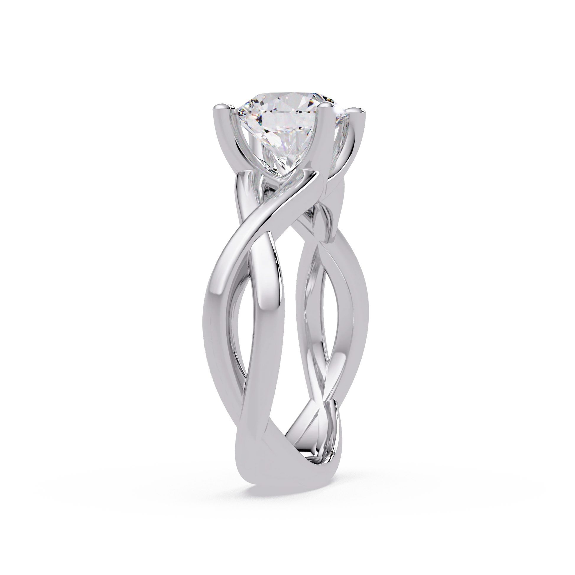 Round Lab Grown Diamond Engagement Ring Sculptural Crisscross Band Rose Gold Solitaire Ring