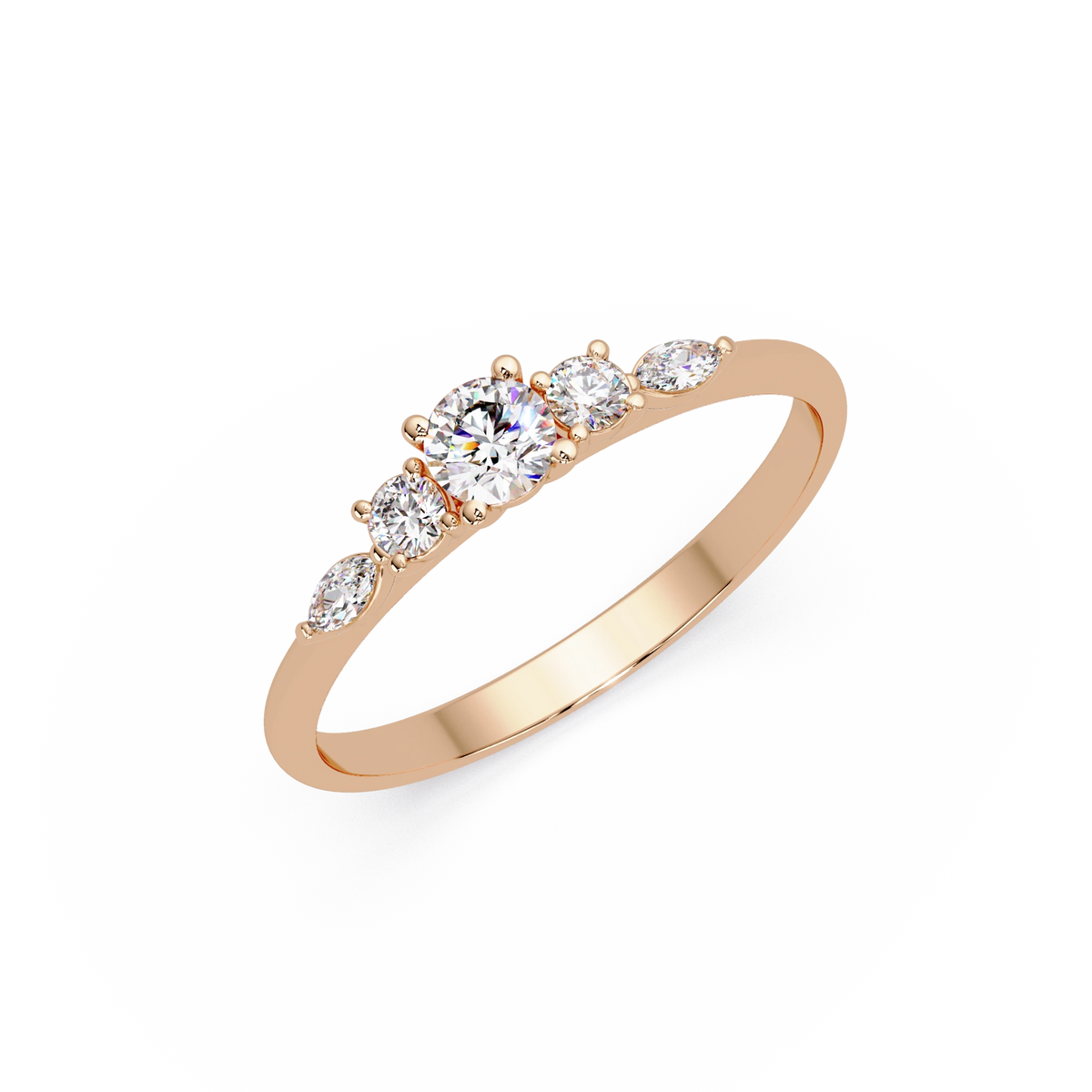 Round Lab Grown Diamond Engagement Ring Rose Gold Floral Accent Five Stone Bridal Ring