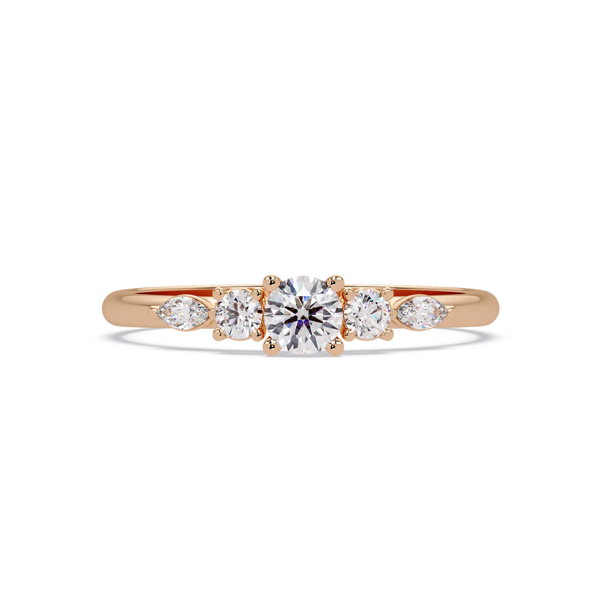 Round Lab Grown Diamond Engagement Ring Rose Gold Floral Accent Five Stone Bridal Ring