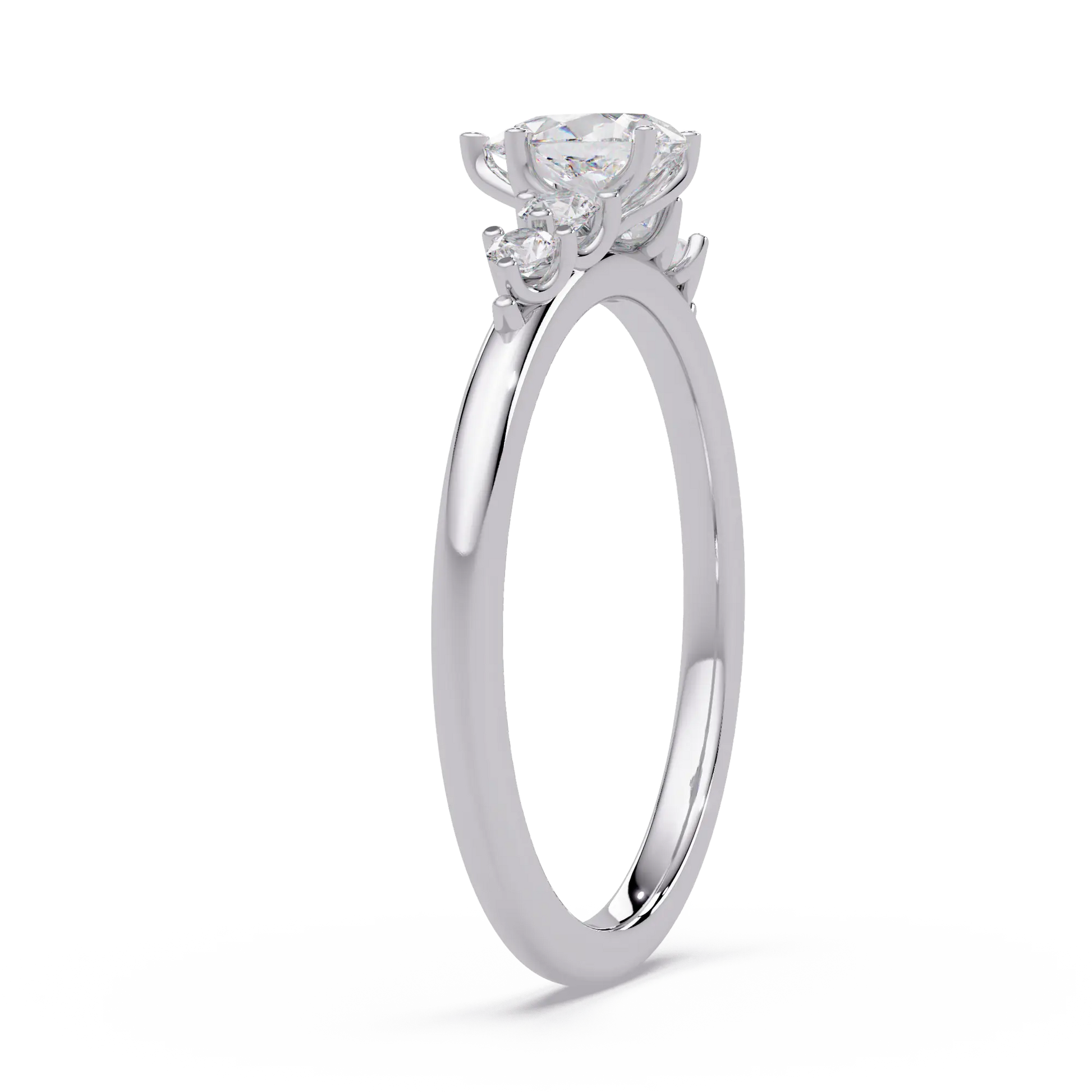 Trillion Cut Diamond Three Stone Engagement Ring  Round Accent Diamond Solitaire Ring
