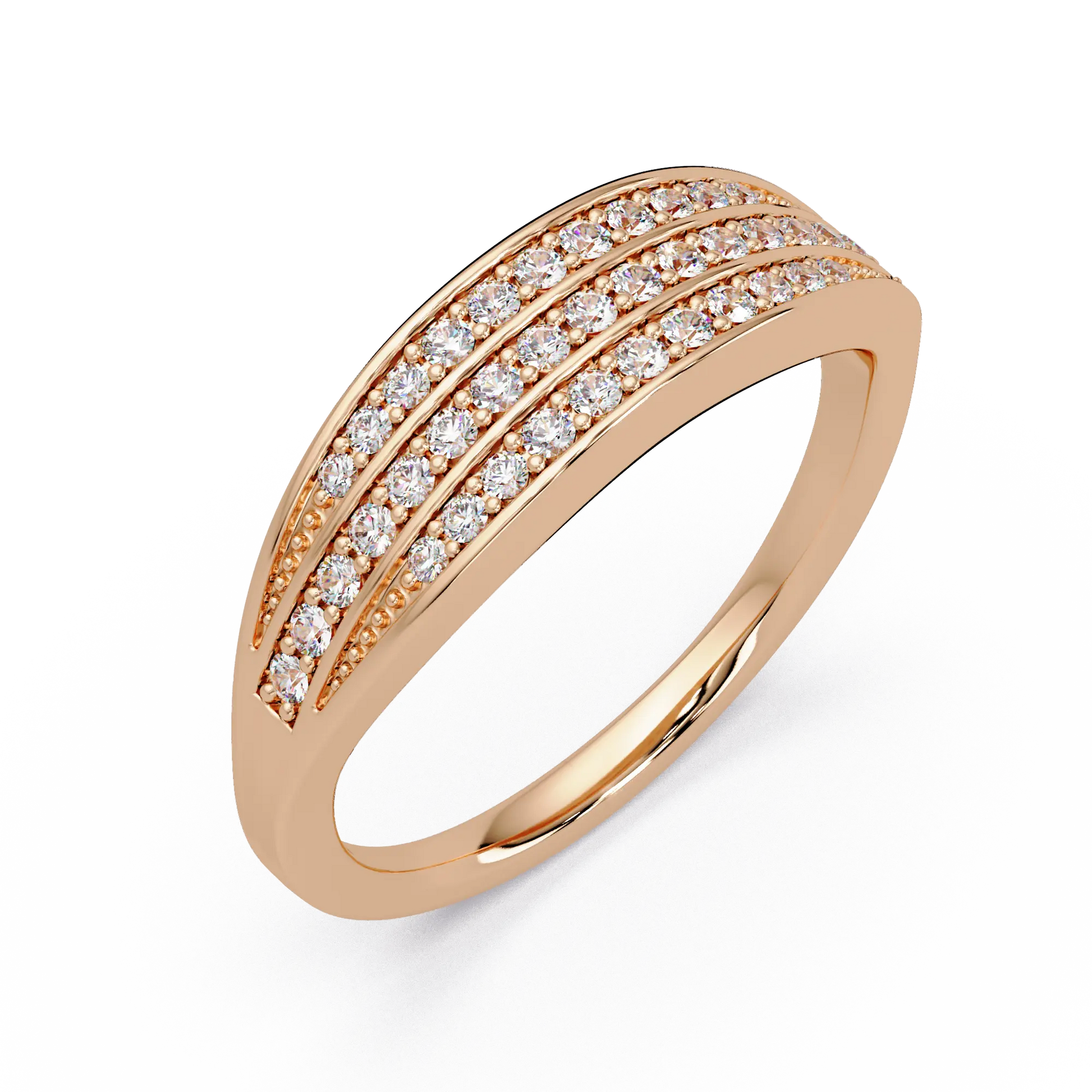 Triple Row Diamond Wedding Band & Modern Pavé Anniversary Ring in Rose Gold