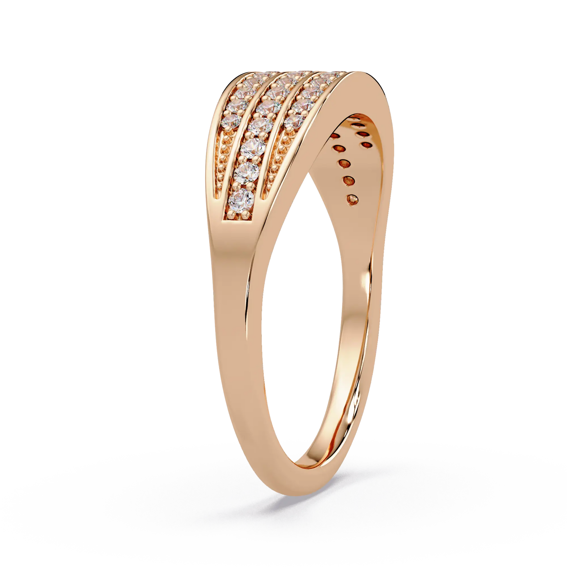 Triple Row Diamond Wedding Band & Modern Pavé Anniversary Ring in Rose Gold