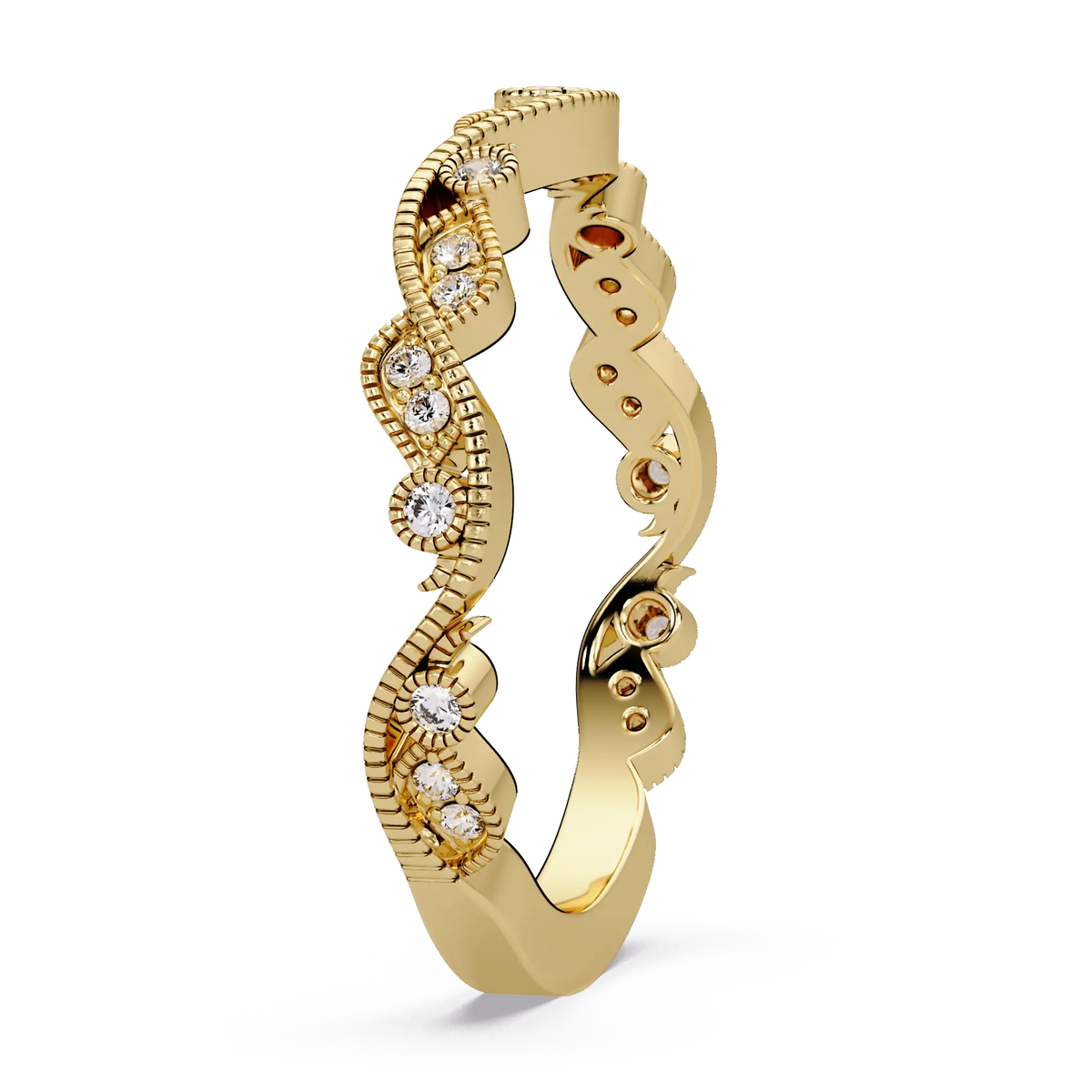Vintage Milgrain Lab Grown Diamond Wedding Band & Curved Diamond Anniversary Ring