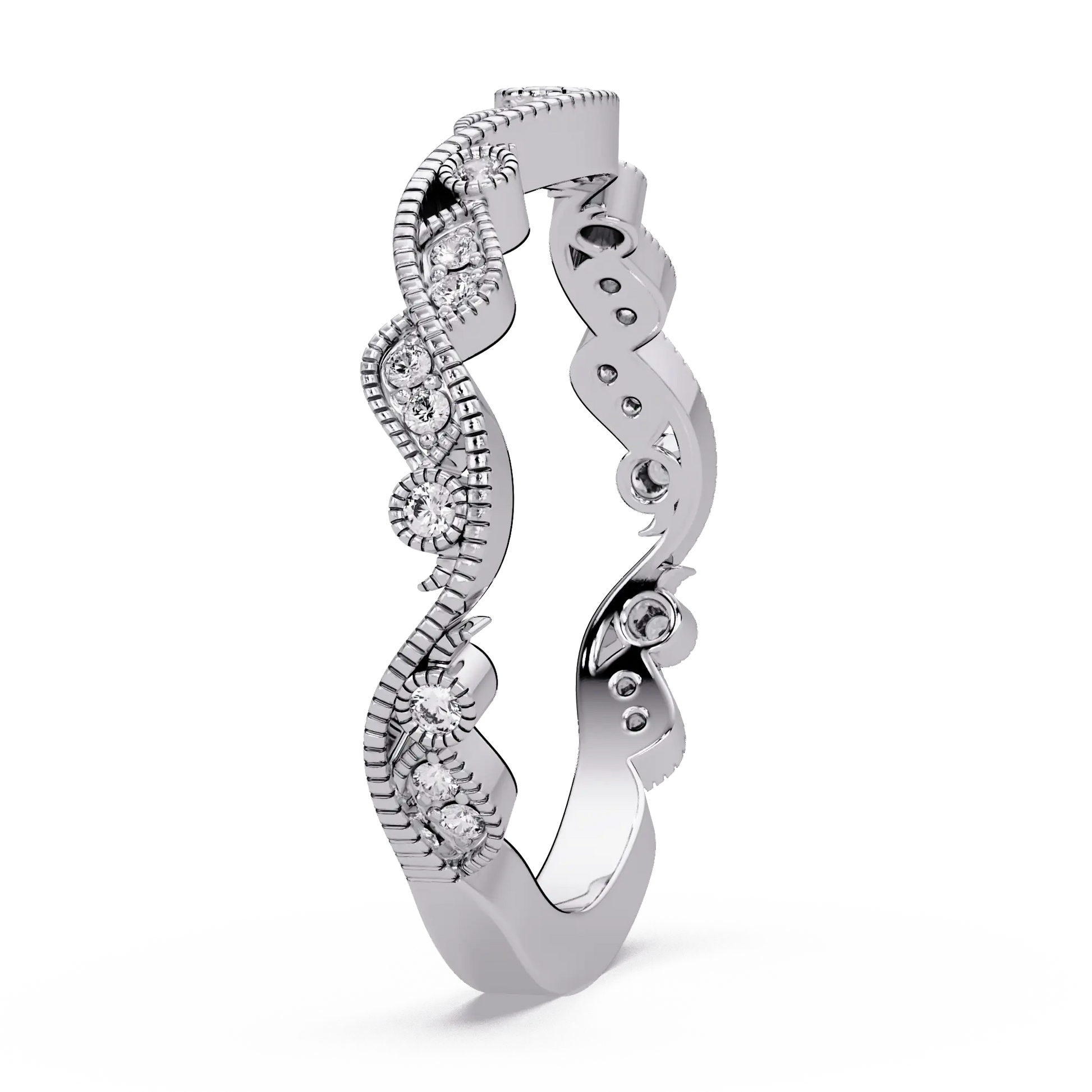 Vintage Milgrain Lab Grown Diamond Wedding Band & Curved Diamond Anniversary Ring
