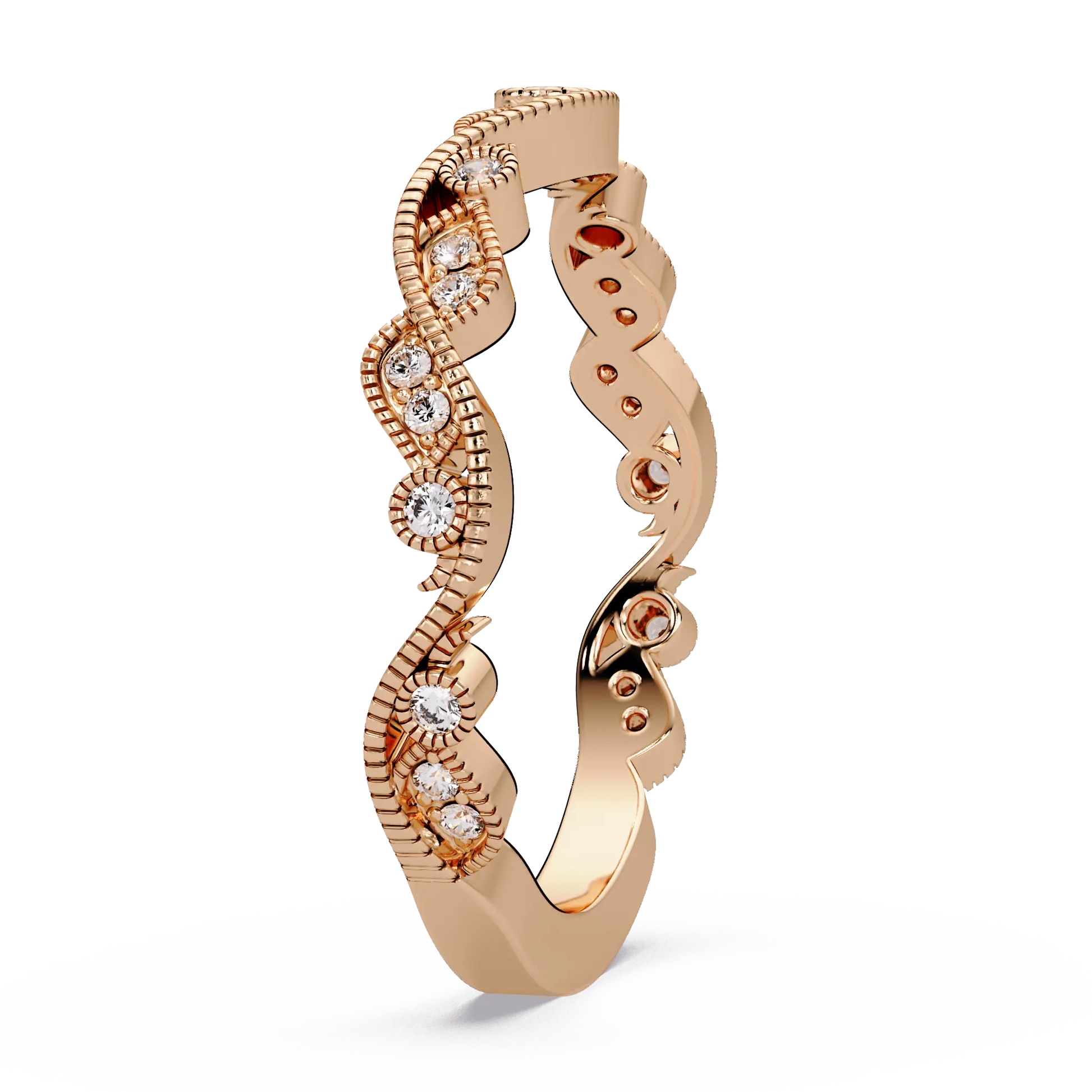 Vintage Milgrain Lab Grown Diamond Wedding Band & Curved Diamond Anniversary Ring