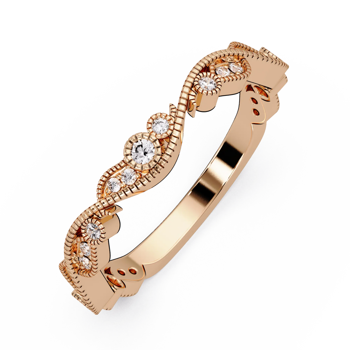 Vintage Milgrain Lab Grown Diamond Wedding Band & Curved Diamond Anniversary Ring