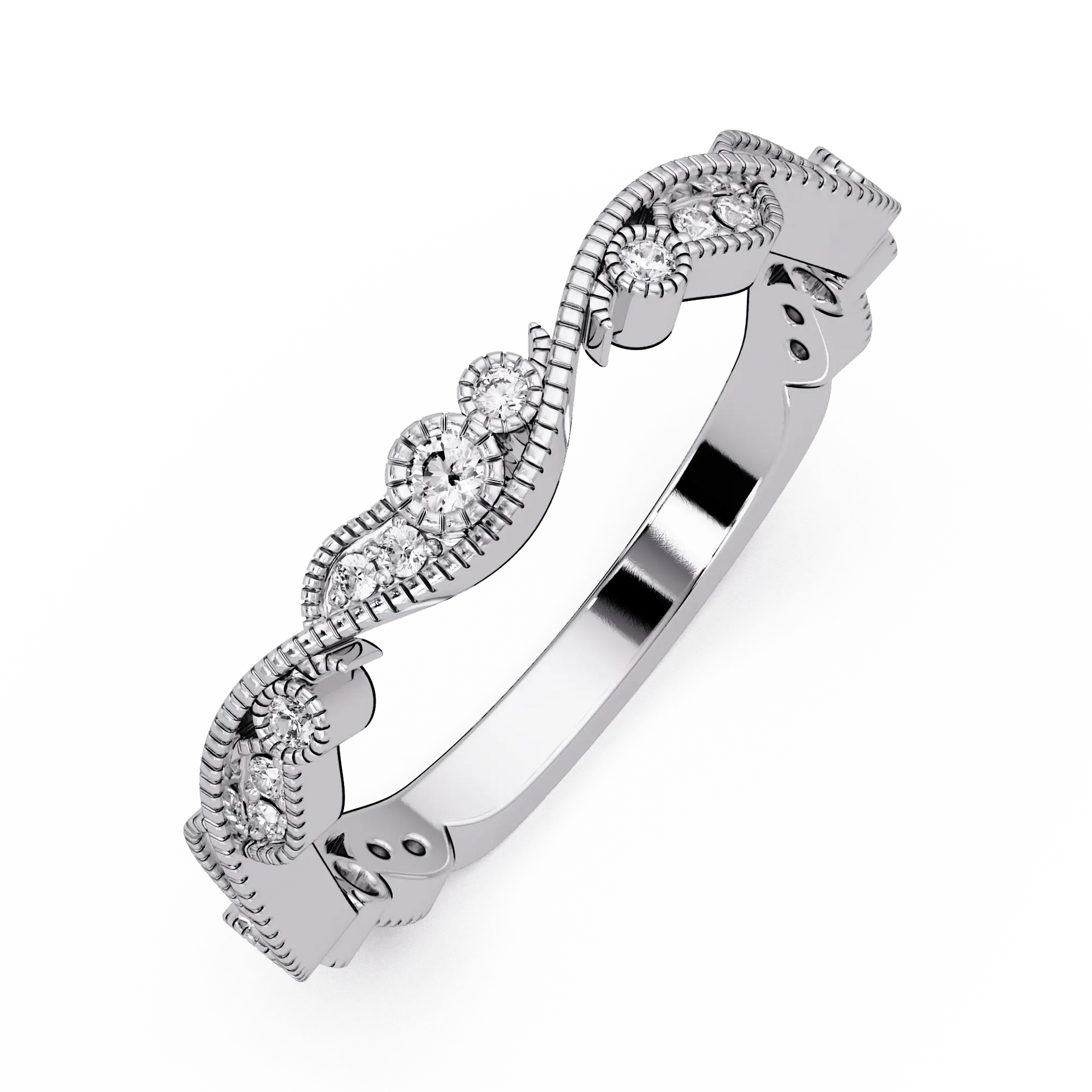 Vintage Milgrain Lab Grown Diamond Wedding Band & Curved Diamond Anniversary Ring