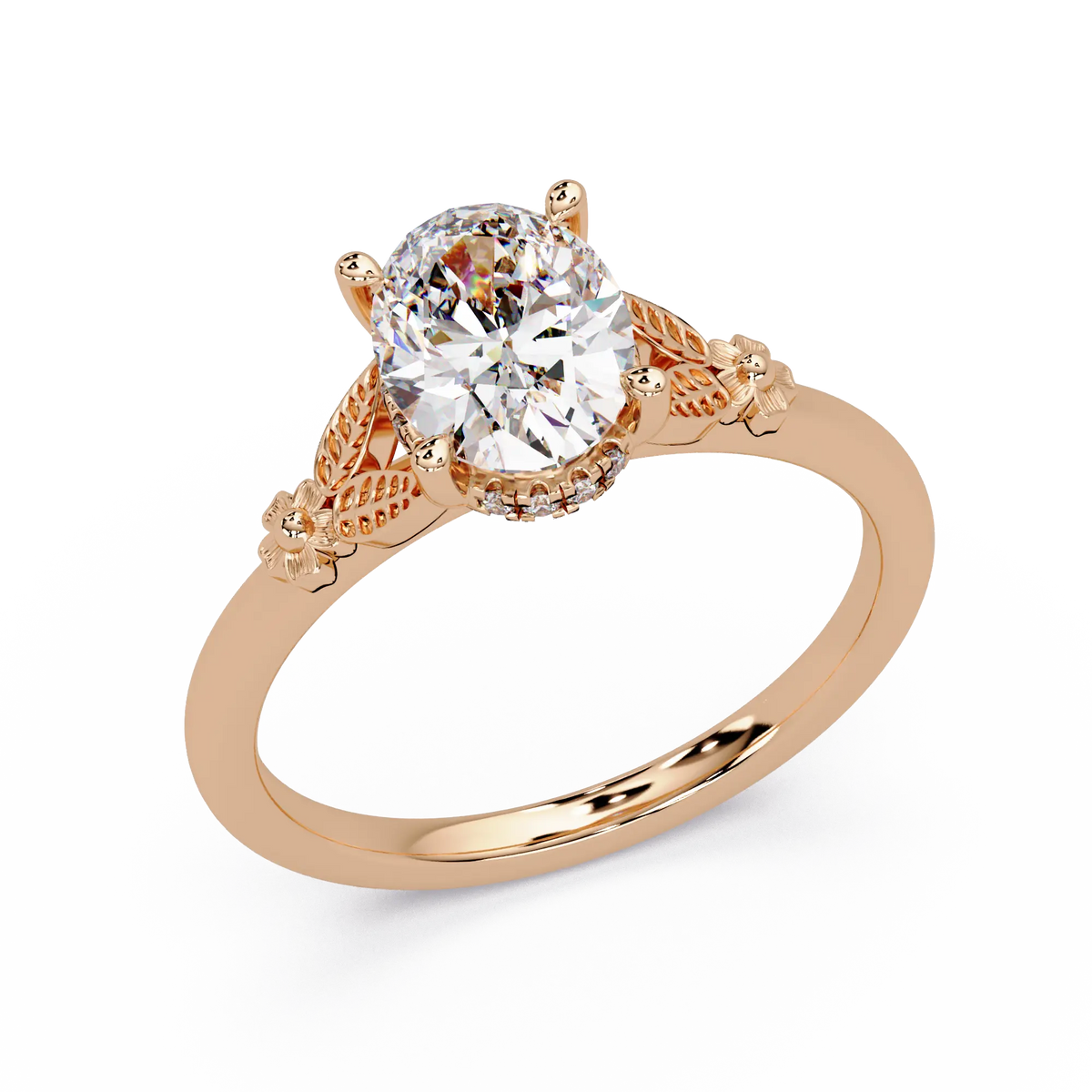 Vintage Oval Lab Grown Diamond Engagement Ring, Nature Inspired Solitaire Ring, Elegant Bridal Jewelry