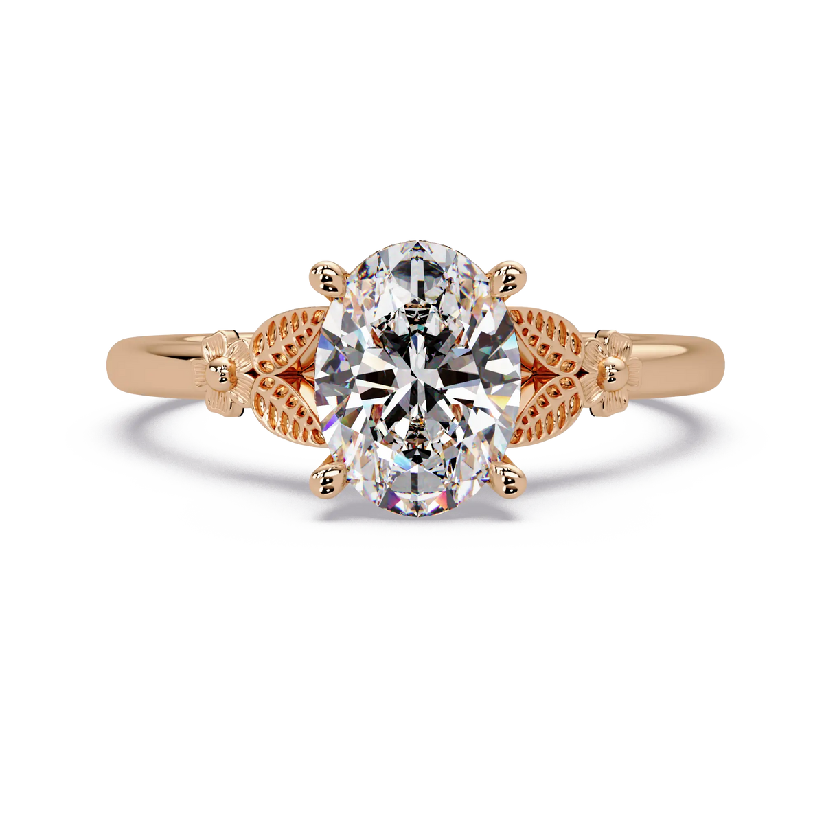 Vintage Oval Lab Grown Diamond Engagement Ring, Nature Inspired Solitaire Ring, Elegant Bridal Jewelry