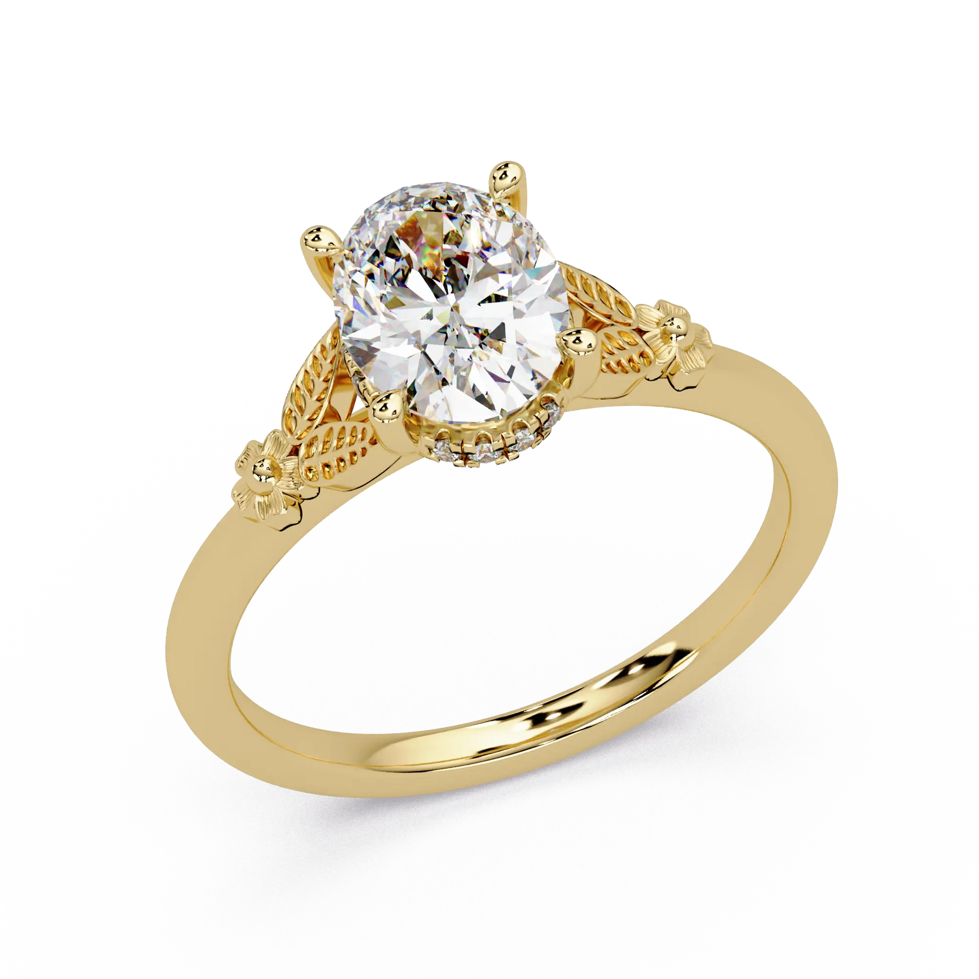 Vintage Oval Lab Grown Diamond Engagement Ring, Nature Inspired Solitaire Ring, Elegant Bridal Jewelry