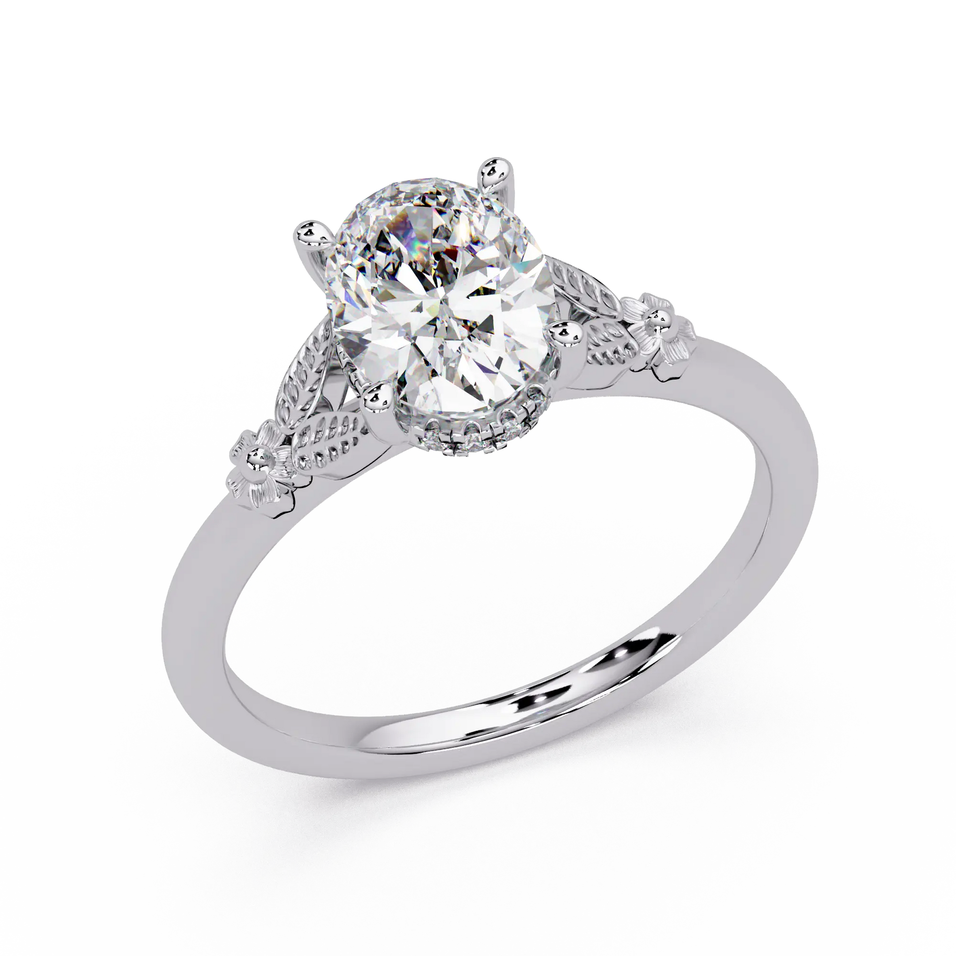 Vintage Oval Lab Grown Diamond Engagement Ring, Nature Inspired Solitaire Ring, Elegant Bridal Jewelry