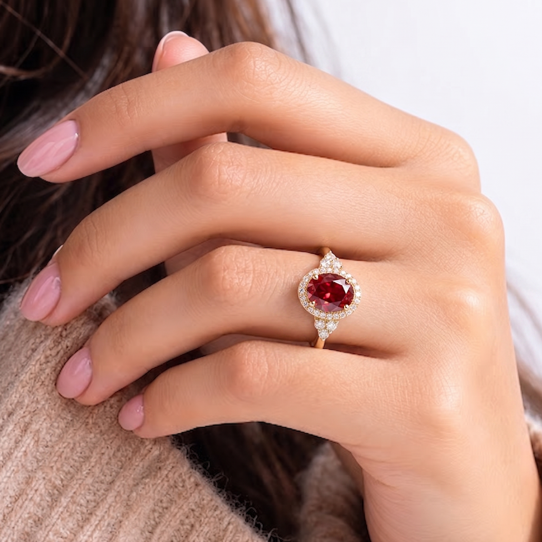 Oval Ruby Halo Ring – Diamond Accent Engagement Ring – Ruby Promise Ring