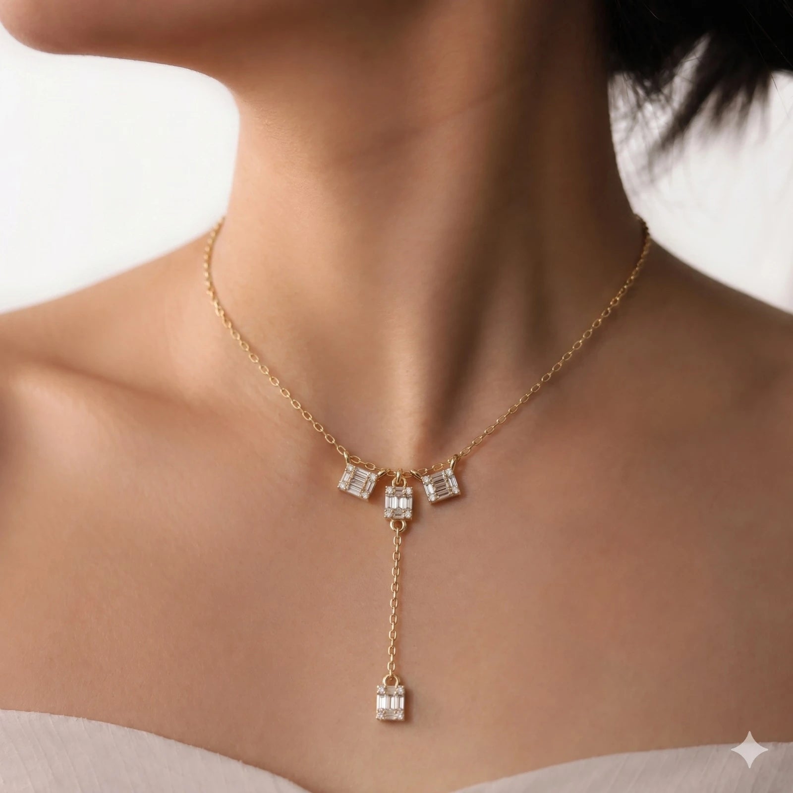 Emerald Cut Moissanite Y Necklace – Geometric Dangle Pendant Necklace for Women, Art Deco Inspired Statement Jewelry
