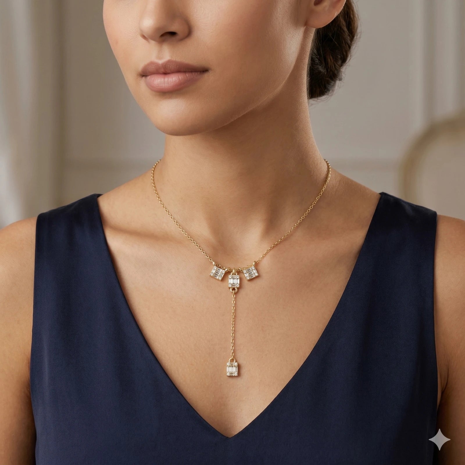Emerald Cut Moissanite Y Necklace – Geometric Dangle Pendant Necklace for Women, Art Deco Inspired Statement Jewelry