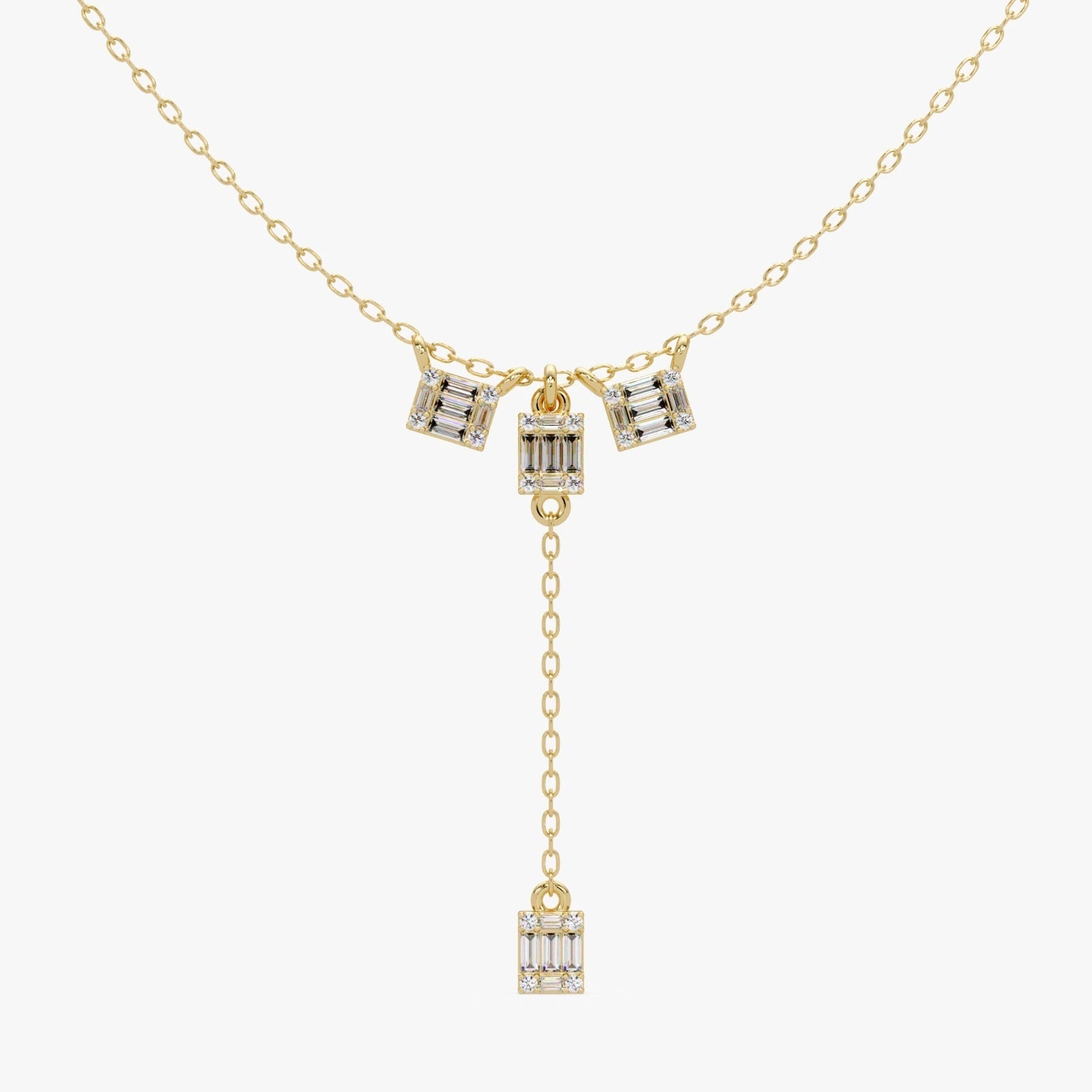 Emerald Cut Moissanite Y Necklace – Geometric Dangle Pendant Necklace for Women, Art Deco Inspired Statement Jewelry