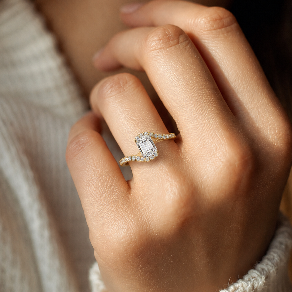 Emerald Cut Lab Grown Diamond Bypass Engagement Ring