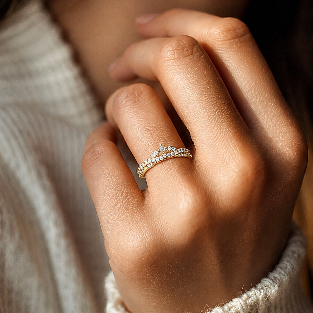 Crown Diamond Wedding Band & Royal Curved Tiara Pave Diamond Ring