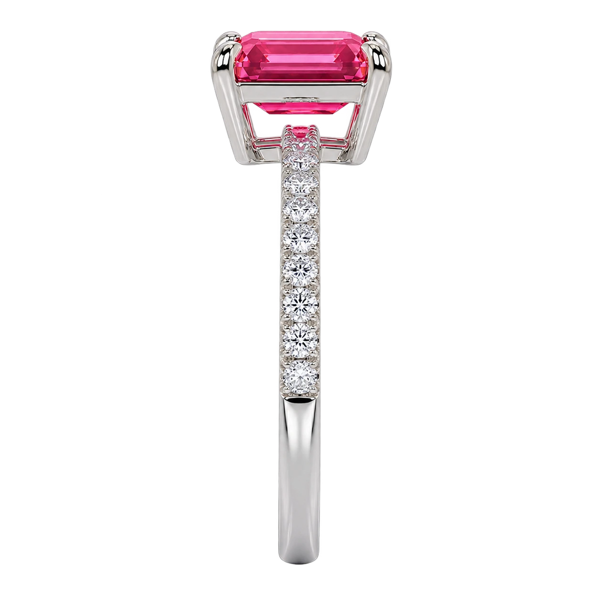 Emerald Cut Pink Sapphire Engagement Ring with Diamond Pavé Band