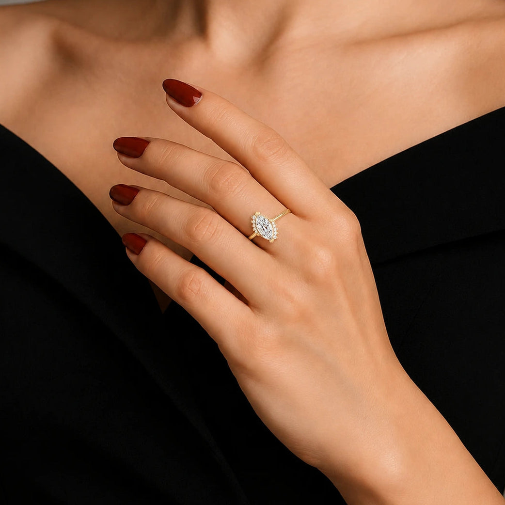 Marquise Cut Lab Grown Diamond Halo Engagement Ring | Vintage Floral Cluster Gold Ring