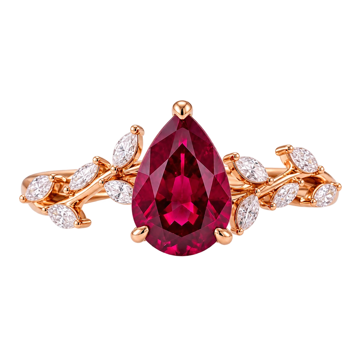 Pear Cut Red Ruby Nature Inspired Engagement Ring with Leaf Accents