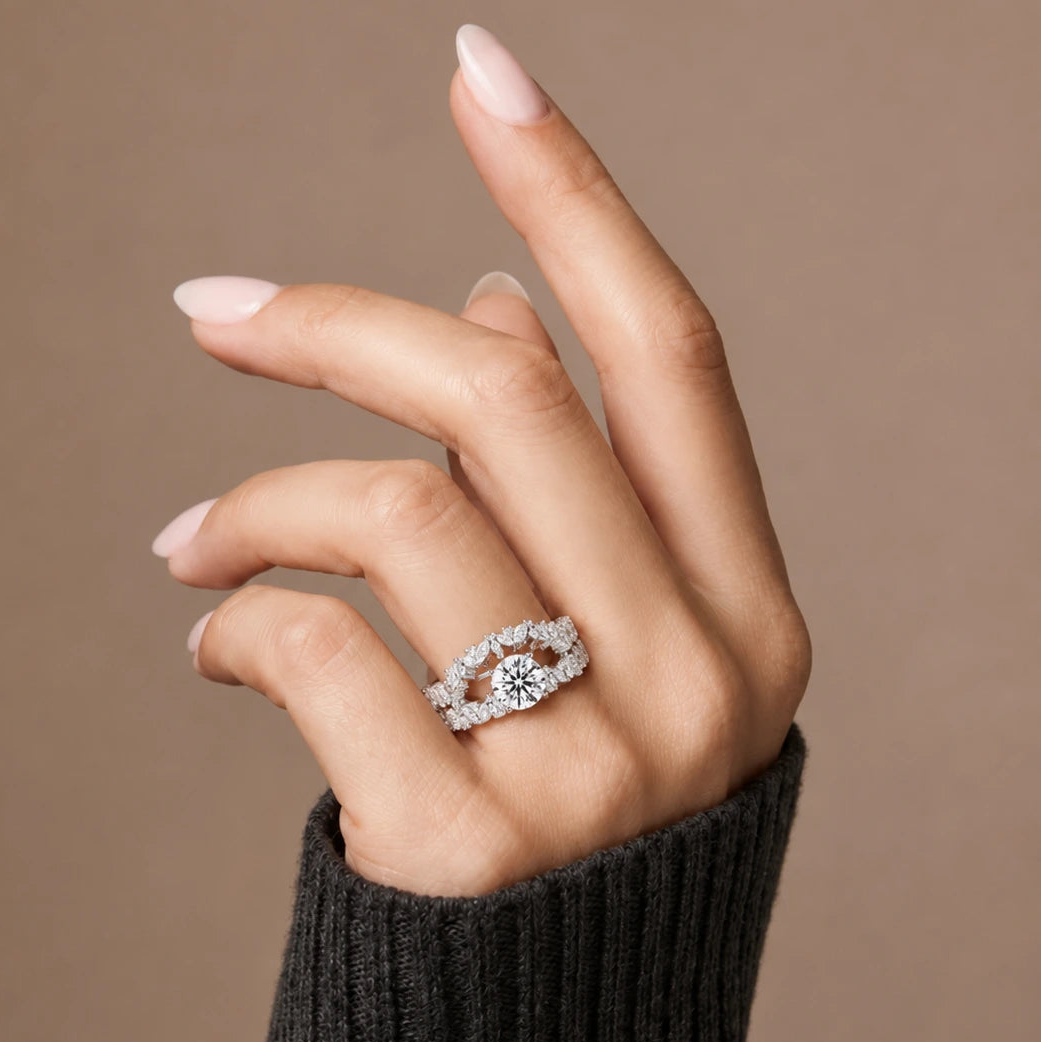 Round Cut Lab Grown Diamond Floral Bridal Set White Gold Leaf Pavé Engagement Ring with Matching Band